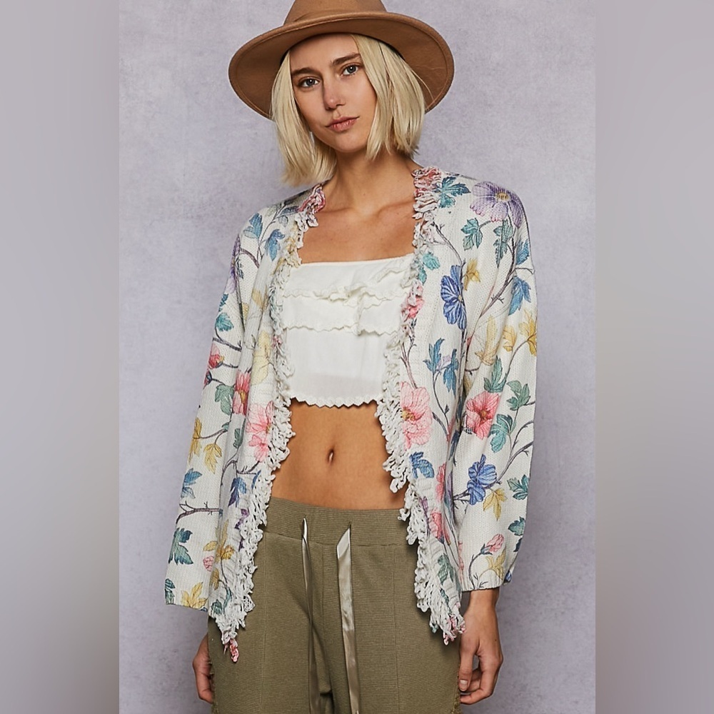 POL V-Neck Long Sleeve Floral Print Sweater Cardigan Top